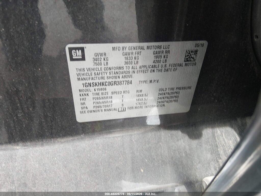 1GNSKHKC0GR387784 2016 CHEVROLET SUBURBAN photo no. 9