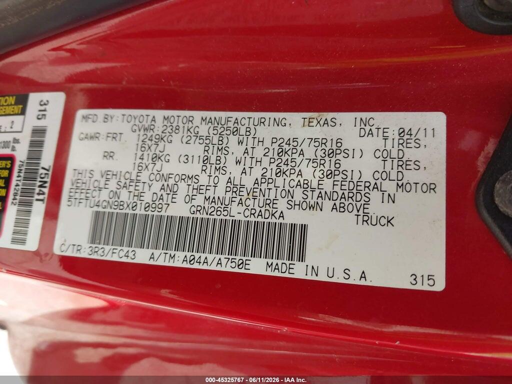 5TFTU4GN9BX010997 2011 TOYOTA TACOMA photo no. 9