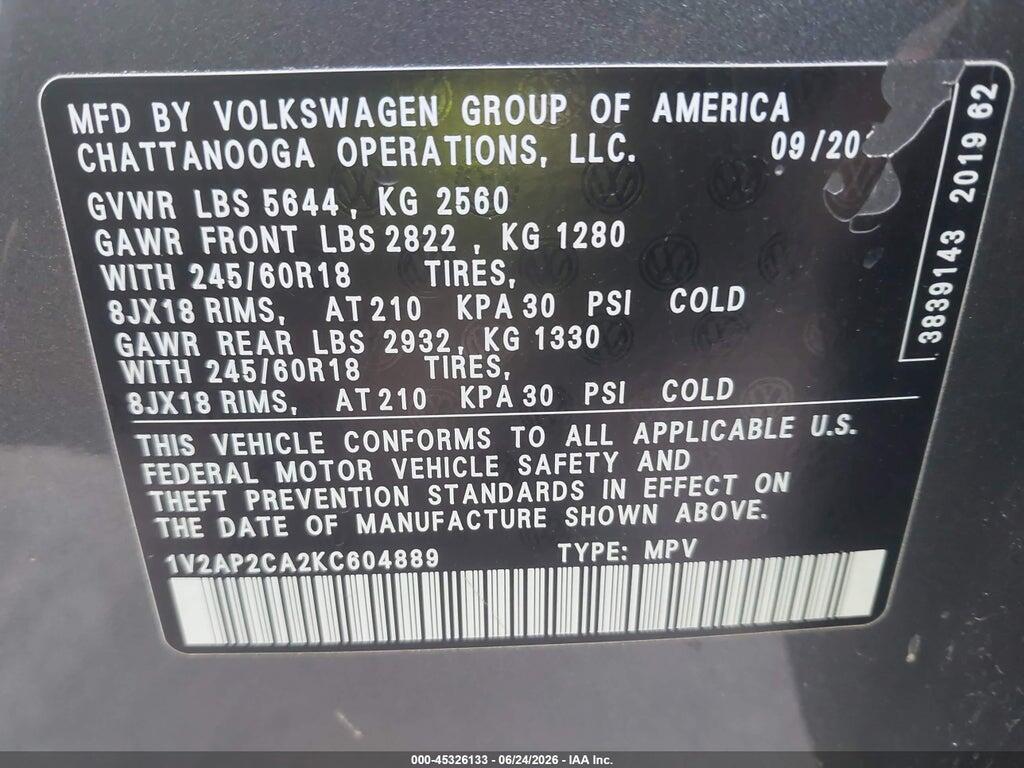 1V2AP2CA2KC604889 2019 VOLKSWAGEN ATLAS photo no. 9