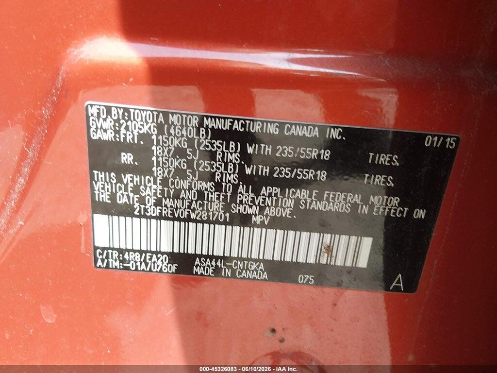 2T3DFREV0FW281701 2015 TOYOTA RAV4 photo no. 9