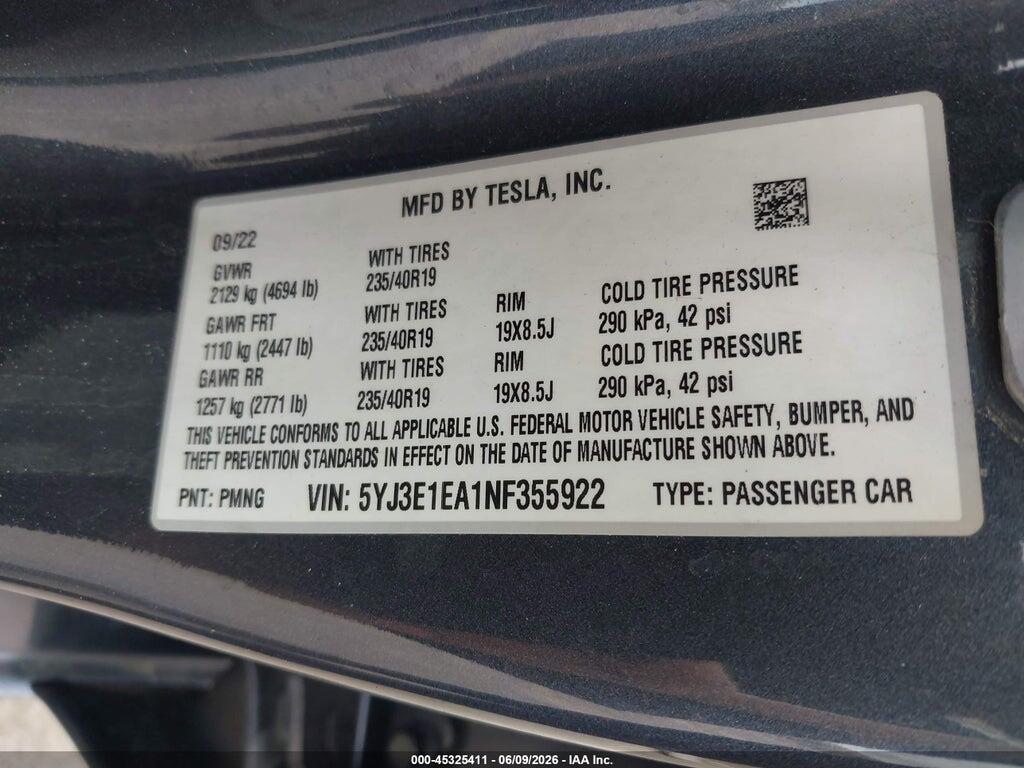 5YJ3E1EA1NF355922 2022 TESLA MODEL 3 photo no. 9