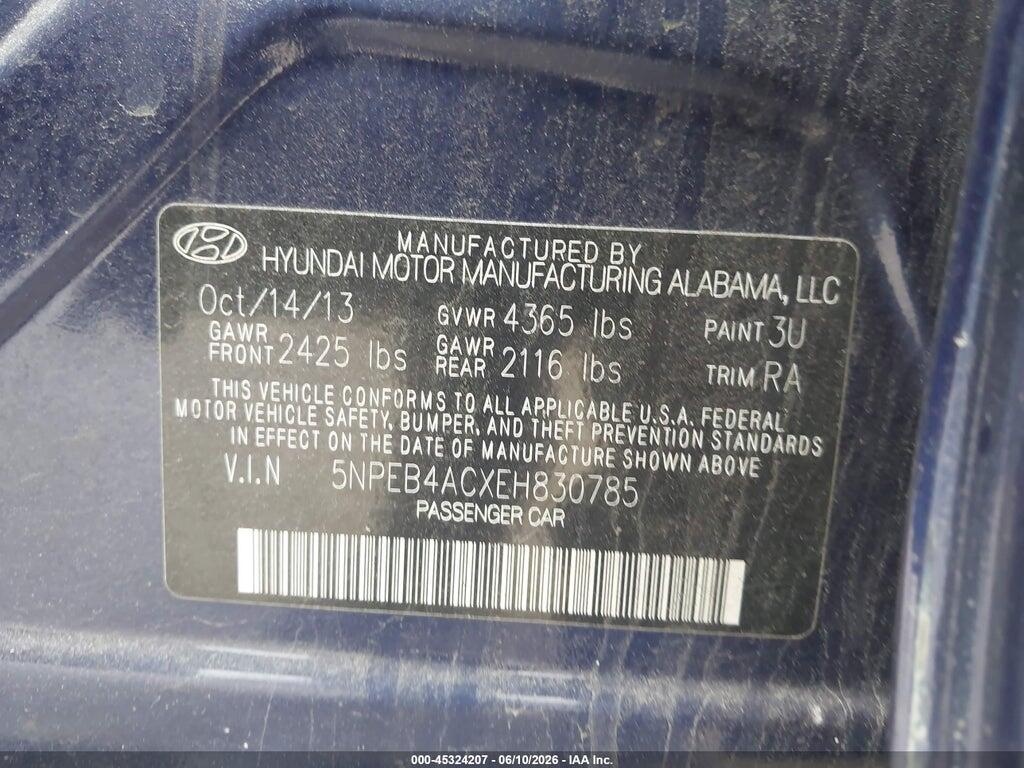 5NPEB4ACXEH830785 2014 HYUNDAI SONATA photo no. 9