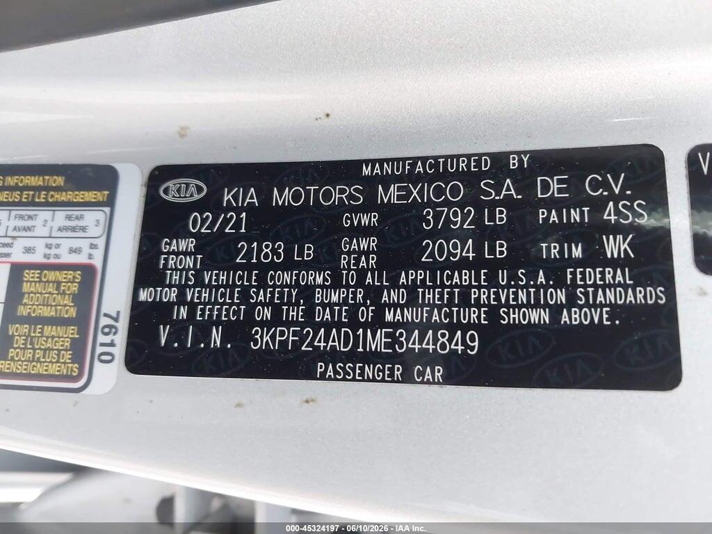 3KPF24AD1ME344849 2021 KIA FORTE photo no. 9