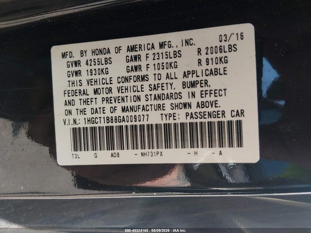 1HGCT1B88GA009077 2016 HONDA ACCORD photo no. 9