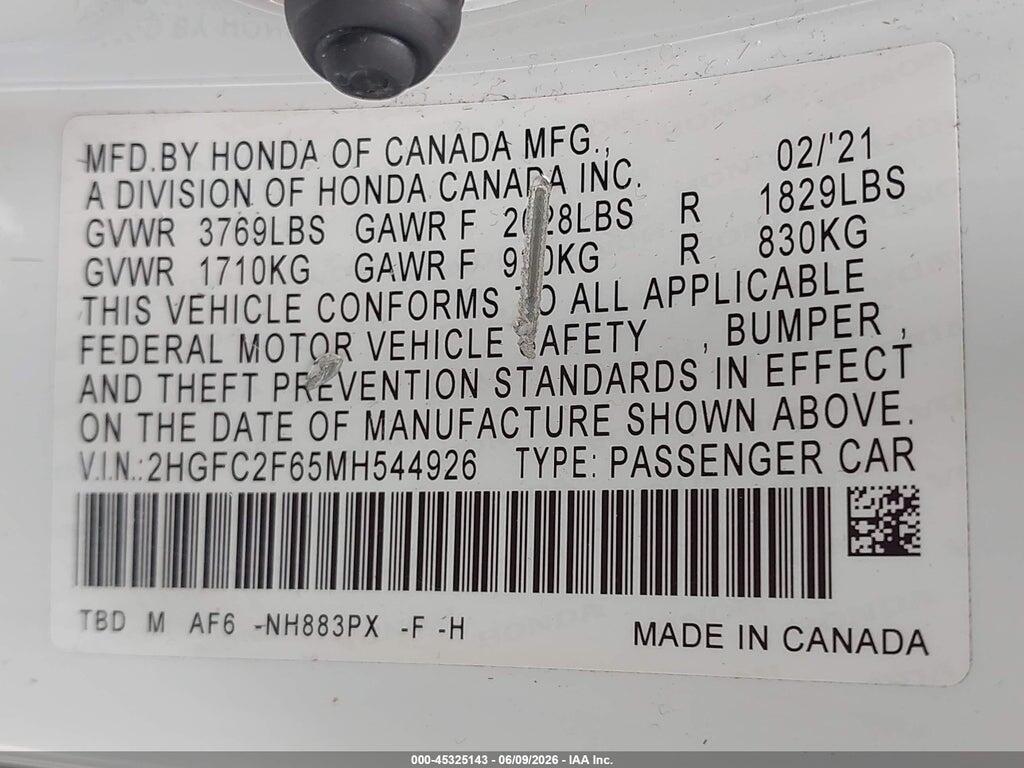 2HGFC2F65MH544926 2021 HONDA CIVIC photo no. 9