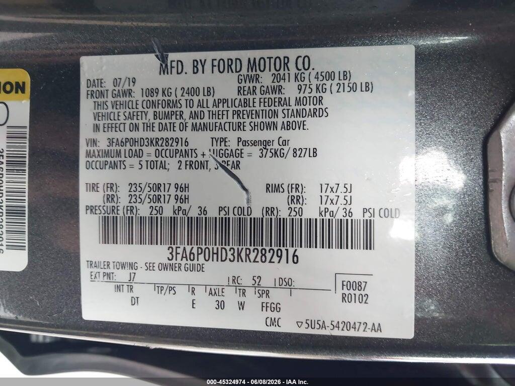 3FA6P0HD3KR282916 2019 FORD FUSION photo no. 9