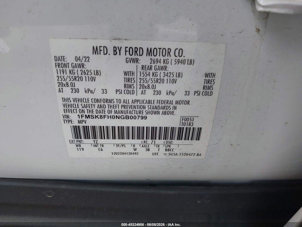 1FMSK8FH0NGB00799 2022 FORD EXPLORER photo no. 9