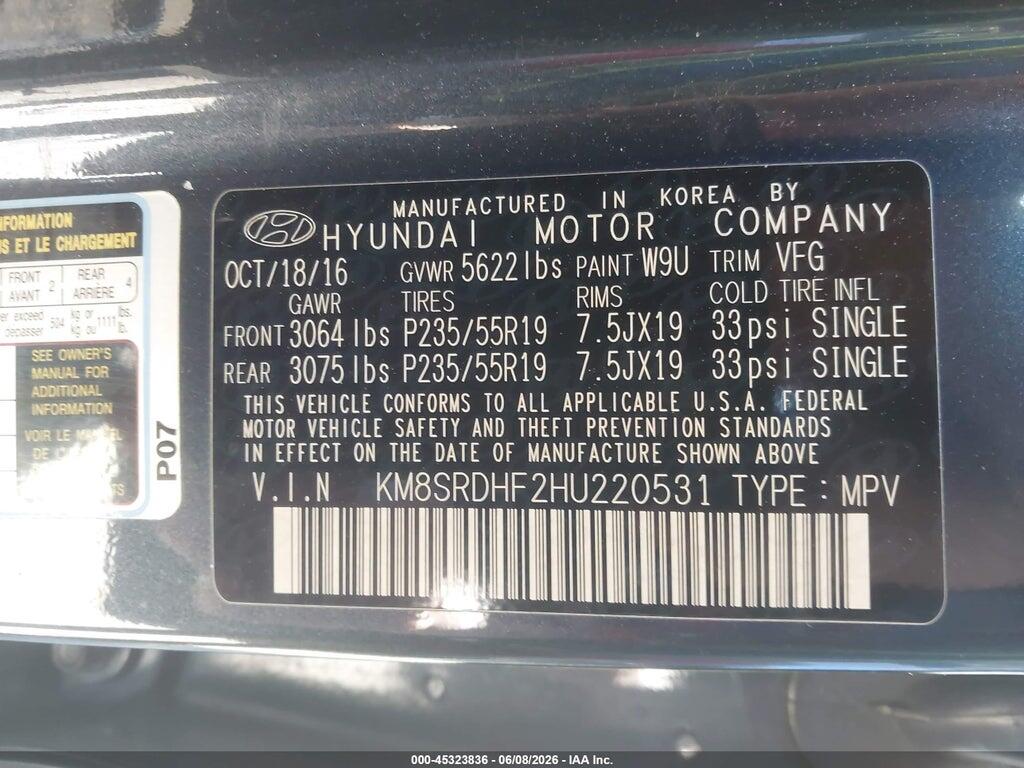 KM8SRDHF2HU220531 2017 HYUNDAI SANTA FE photo no. 9