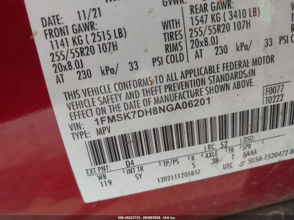1FMSK7DH8NGA06201 2022 FORD EXPLORER photo no. 9