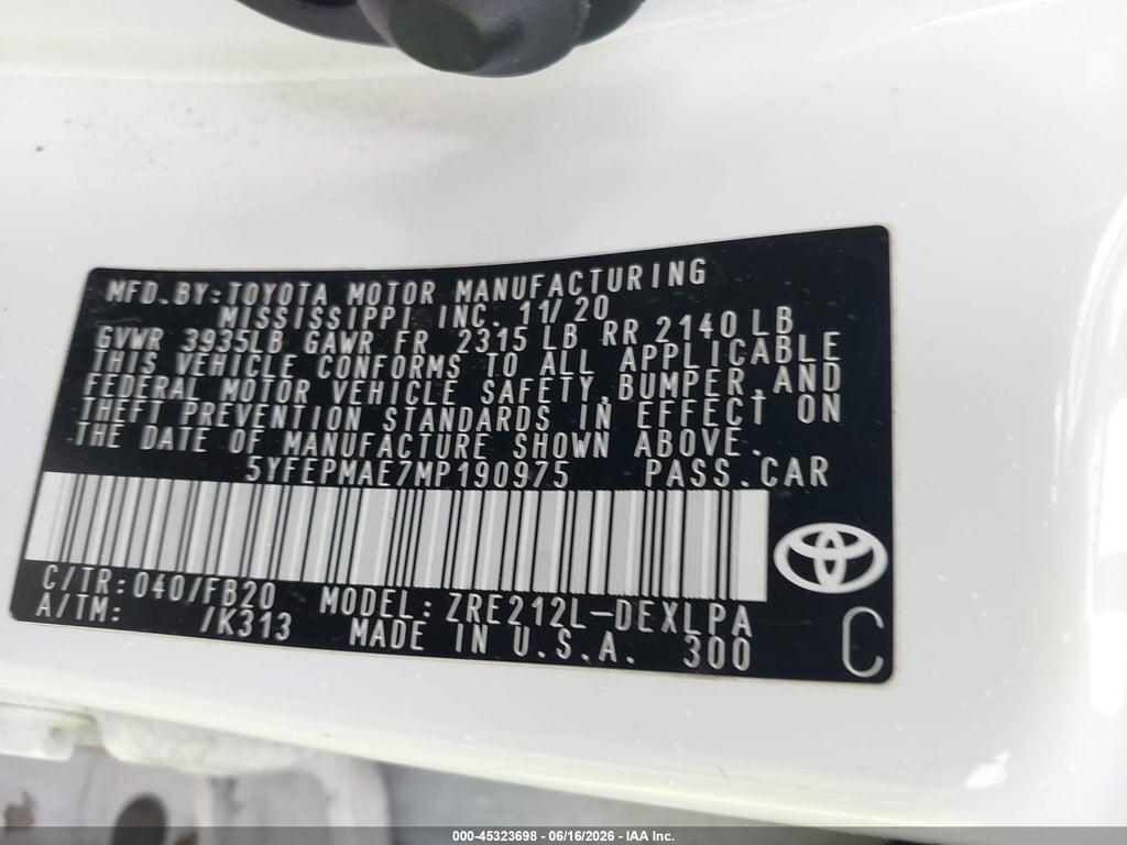 5YFEPMAE7MP190975 2021 TOYOTA COROLLA photo no. 9
