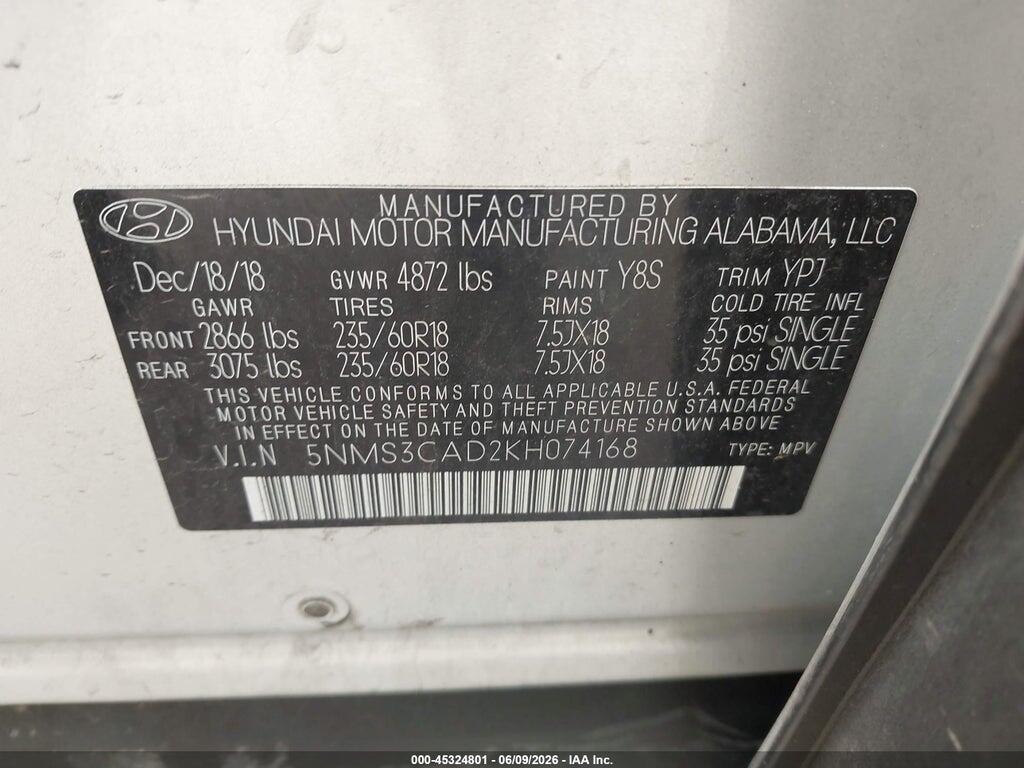 5NMS3CAD2KH074168 2019 HYUNDAI SANTA FE photo no. 9