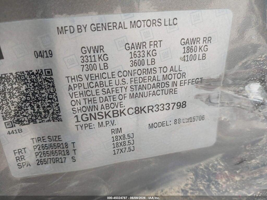 1GNSKBKC8KR333798 2019 CHEVROLET TAHOE photo no. 9