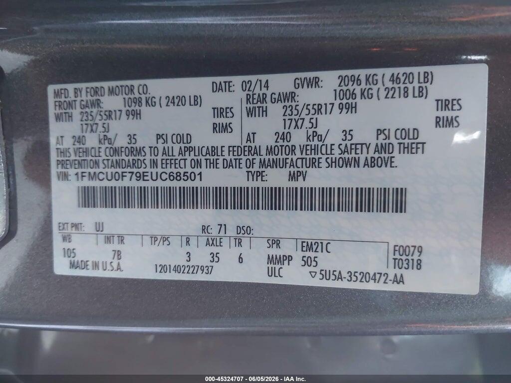 1FMCU0F79EUC68501 2014 FORD ESCAPE photo no. 9