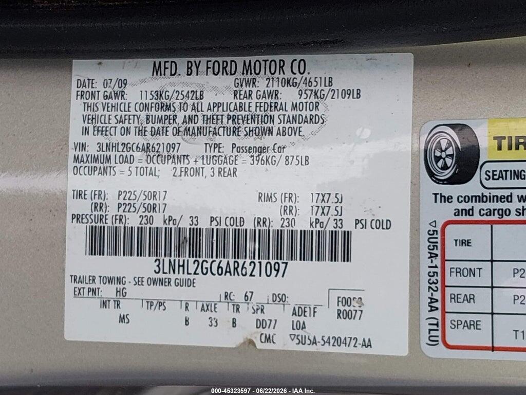 3LNHL2GC6AR621097 2010 LINCOLN MKZ photo no. 9