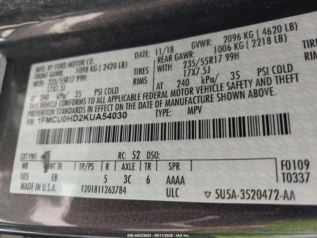 1FMCU0HD2KUA54030 2019 FORD ESCAPE photo no. 9