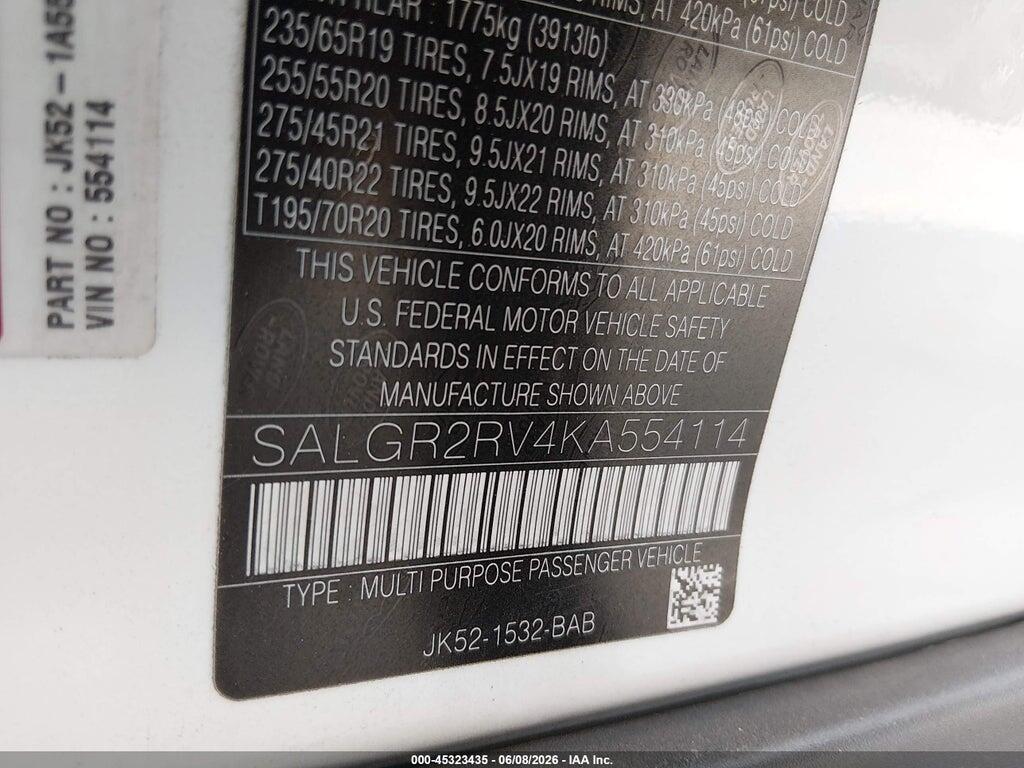 SALGR2RV4KA554114 2019 LAND ROVER RANGE ROVER photo no. 9