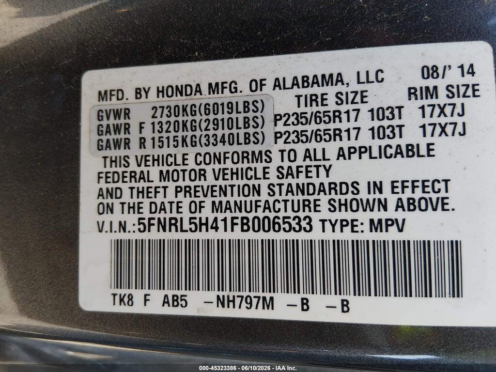 5FNRL5H41FB006533 2015 HONDA ODYSSEY photo no. 9
