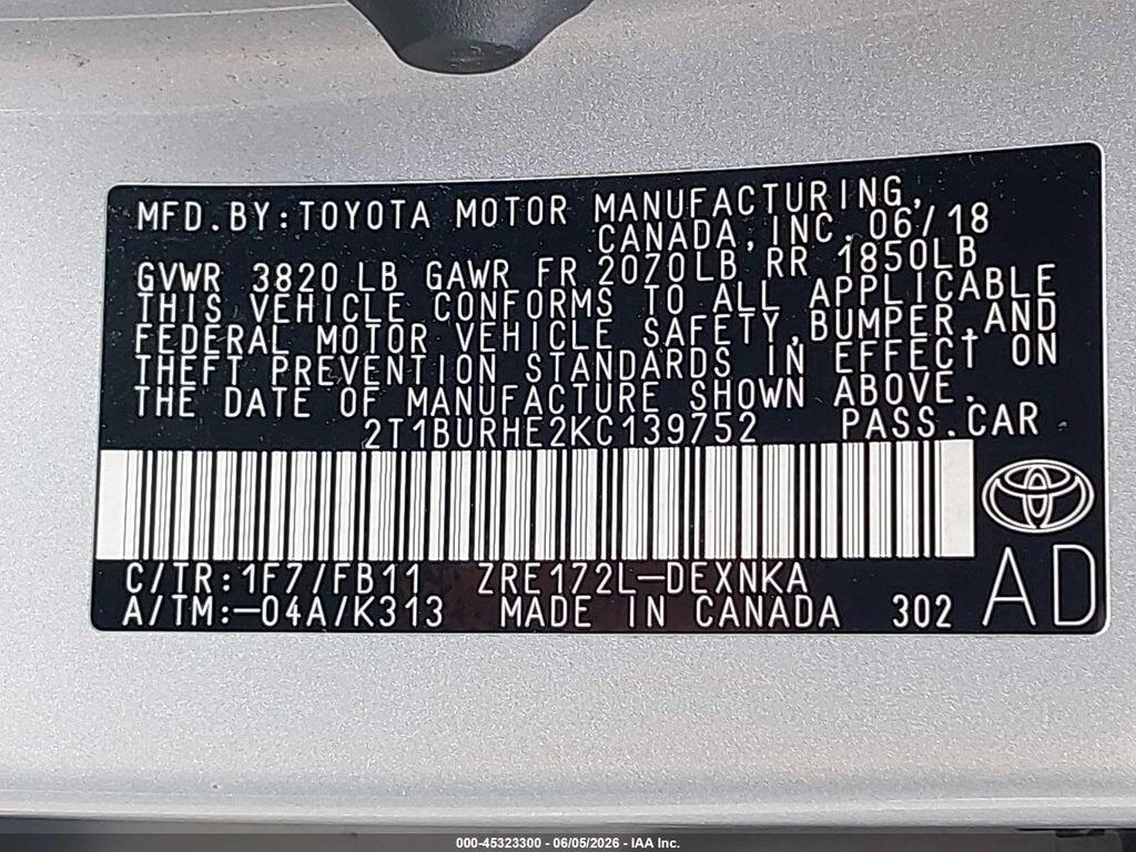 2T1BURHE2KC139752 2019 TOYOTA COROLLA photo no. 9