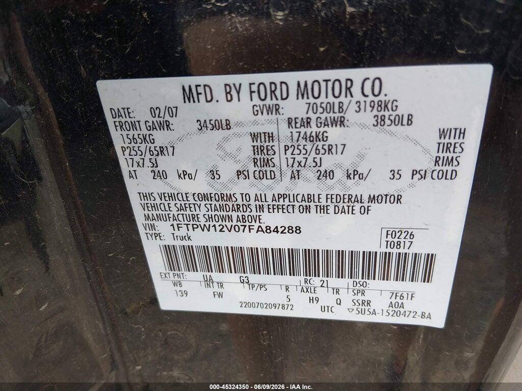 1FTPW12V07FA84288 2007 FORD F-150 photo no. 9