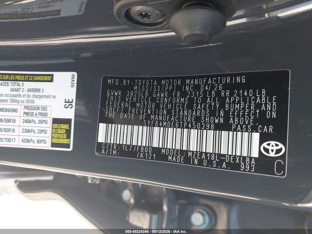 5YFB4MDE6TP450398 2026 TOYOTA COROLLA photo no. 9