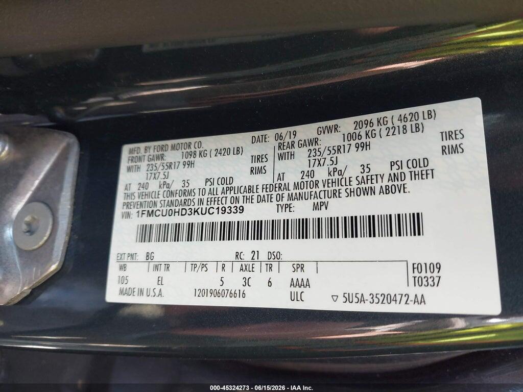 1FMCU0HD3KUC19339 2019 FORD ESCAPE photo no. 9