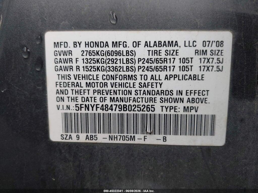 5FNYF48479B025265 2009 HONDA PILOT photo no. 9