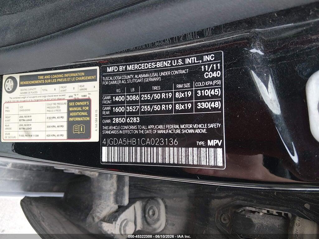 4JGDA5HB1CA023136 2012 MERCEDES-BENZ ML 350 photo no. 9