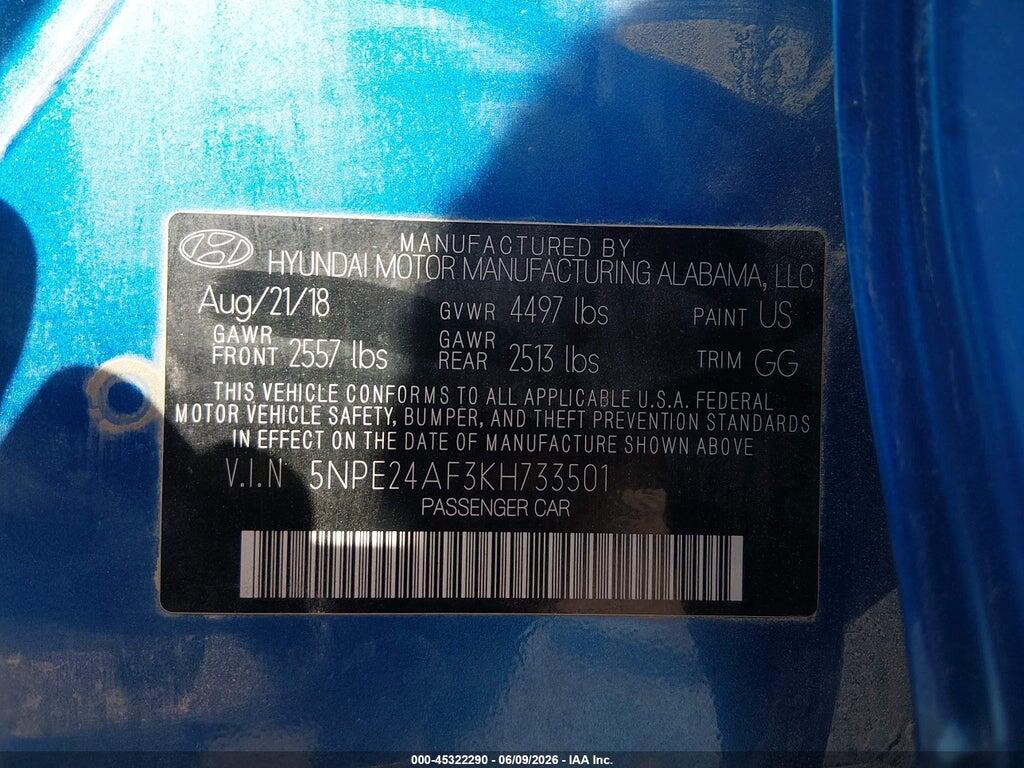 5NPE24AF3KH733501 2019 HYUNDAI SONATA photo no. 9