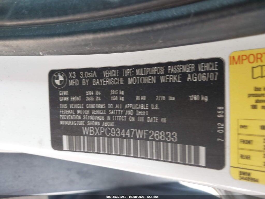 WBXPC93447WF26833 2007 BMW X3 photo no. 9