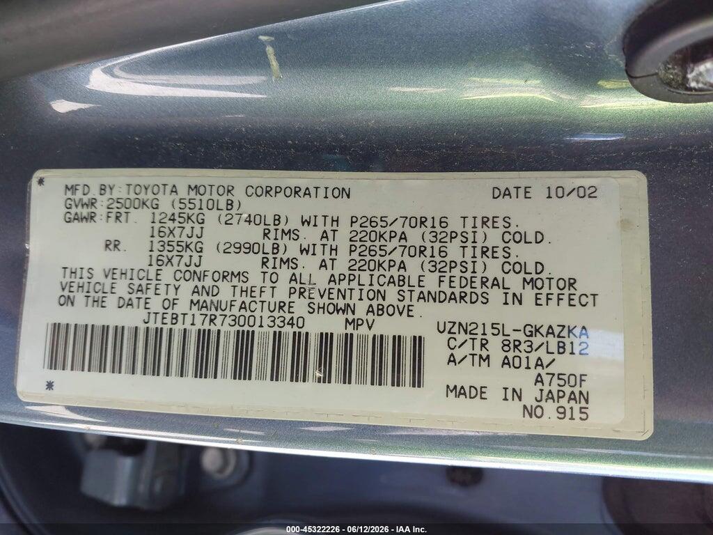 JTEBT17R730013340 2003 TOYOTA 4RUNNER photo no. 9