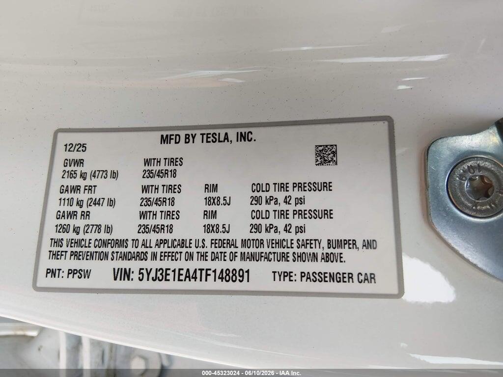 5YJ3E1EA4TF148891 2026 TESLA MODEL 3 photo no. 9