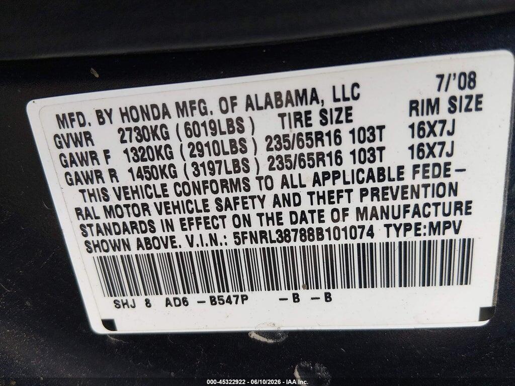 5FNRL38788B101074 2008 HONDA ODYSSEY photo no. 9