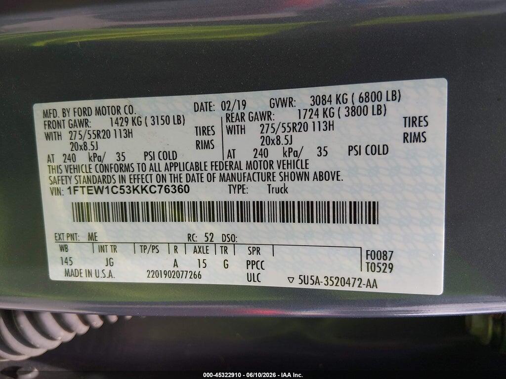 1FTEW1C53KKC76360 2019 FORD F-150 photo no. 9