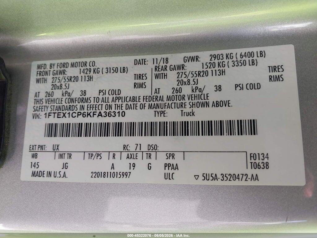 1FTEX1CP6KFA36310 2019 FORD F-150 photo no. 9