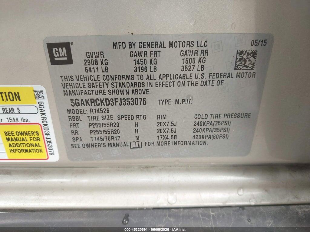 5GAKRCKD3FJ353076 2015 BUICK ENCLAVE photo no. 9