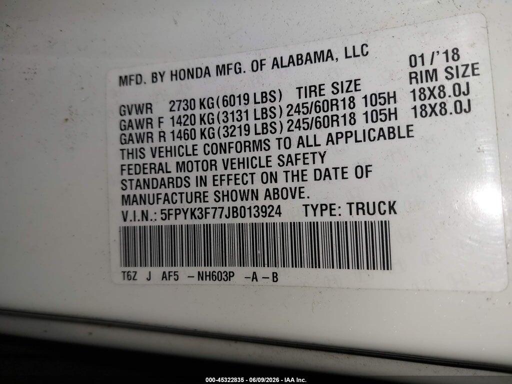 5FPYK3F77JB013924 2018 HONDA RIDGELINE photo no. 9