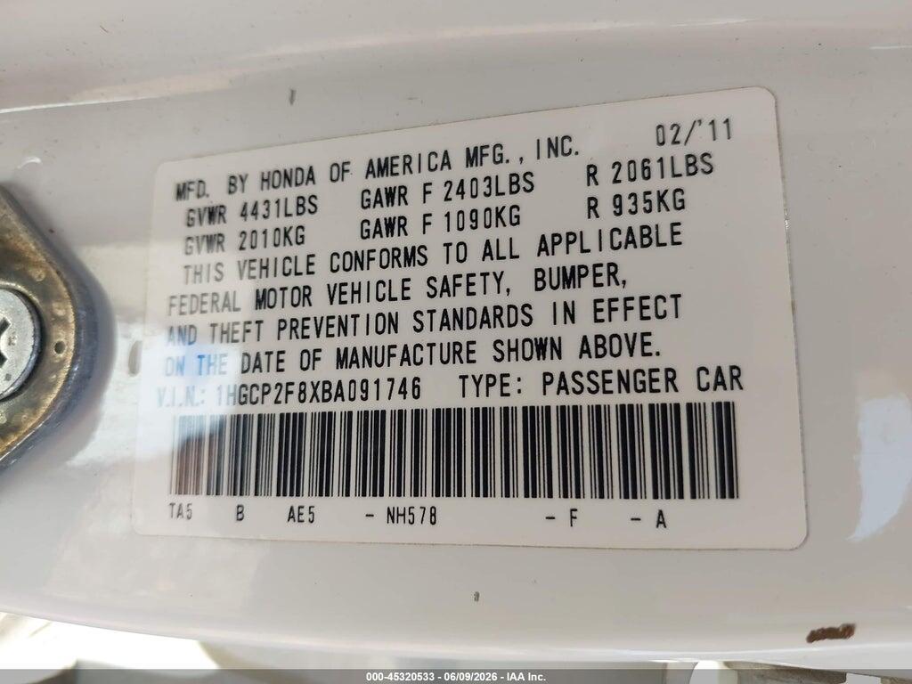 1HGCP2F8XBA091746 2011 HONDA ACCORD photo no. 9