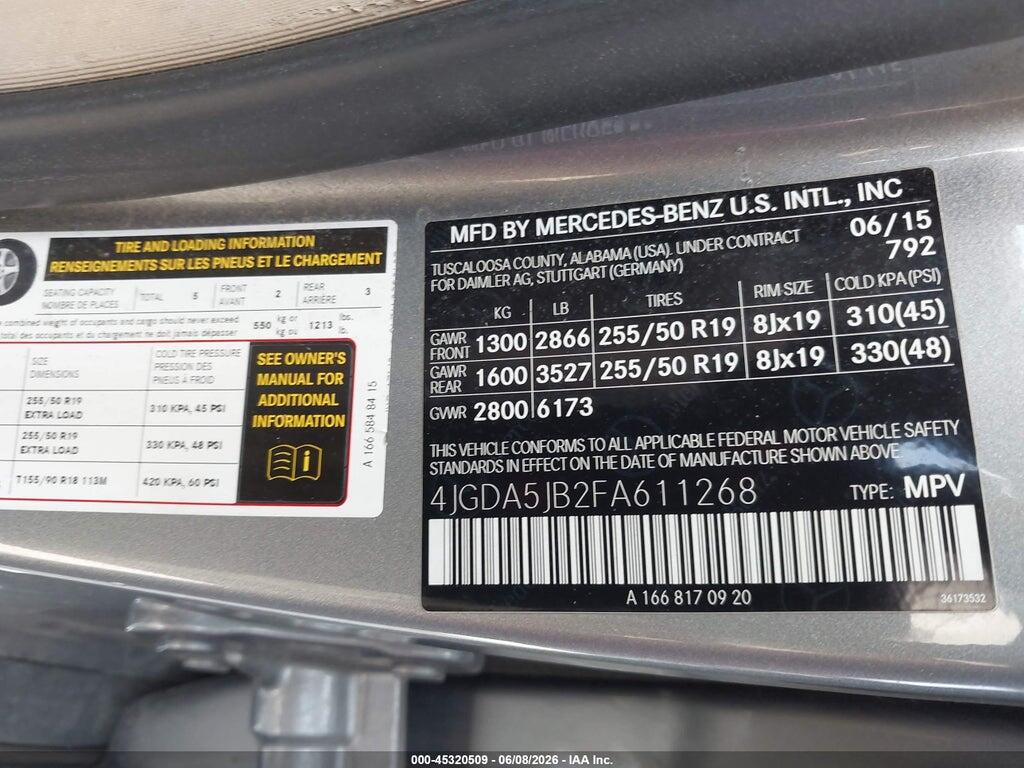 4JGDA5JB2FA611268 2015 MERCEDES-BENZ ML 350 photo no. 9