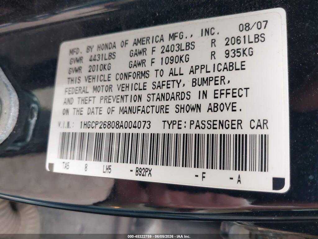 1HGCP26808A004073 2008 HONDA ACCORD photo no. 9