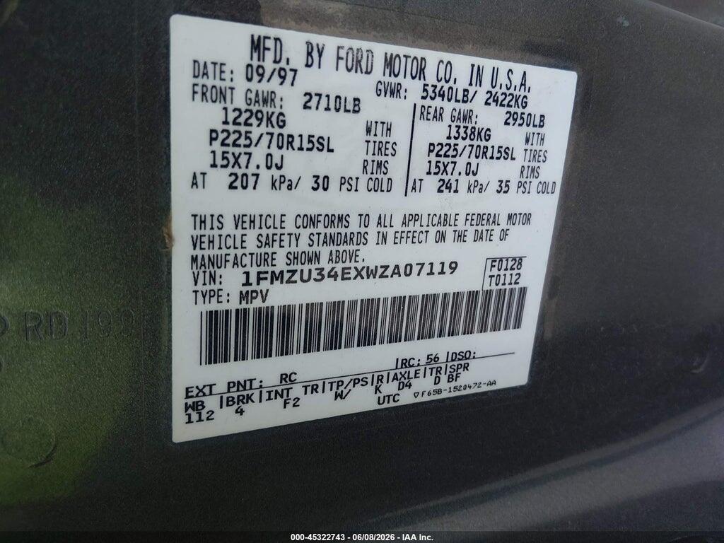1FMZU34EXWZA07119 1998 FORD EXPLORER photo no. 9