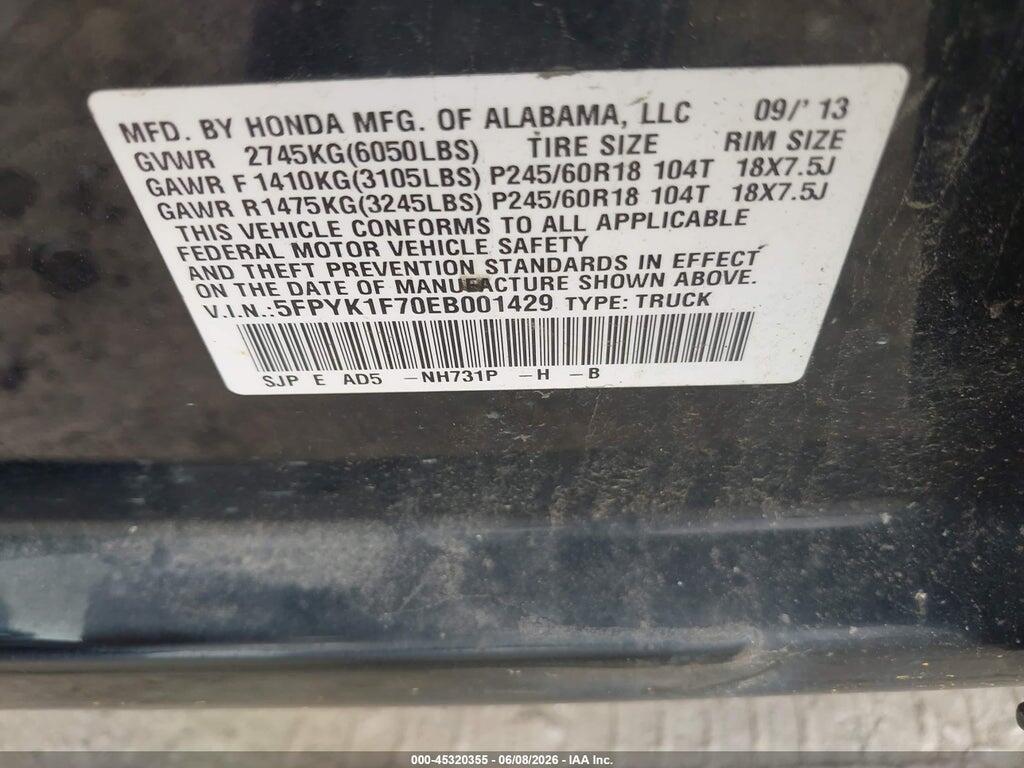 5FPYK1F70EB001429 2014 HONDA RIDGELINE photo no. 9