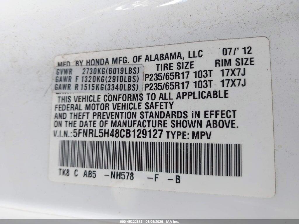 5FNRL5H48CB129127 2012 HONDA ODYSSEY photo no. 9