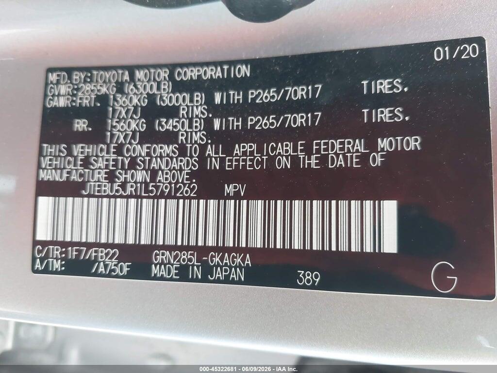 JTEBU5JR1L5791262 2020 TOYOTA 4RUNNER photo no. 9