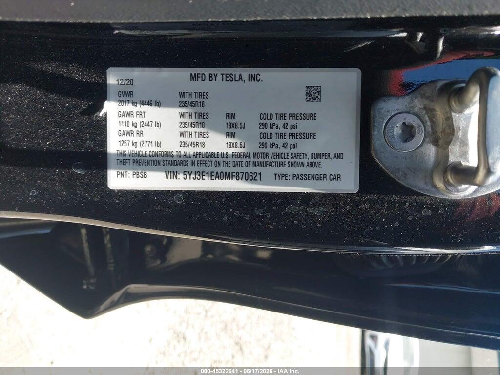 5YJ3E1EA0MF870621 2021 TESLA MODEL 3 photo no. 9