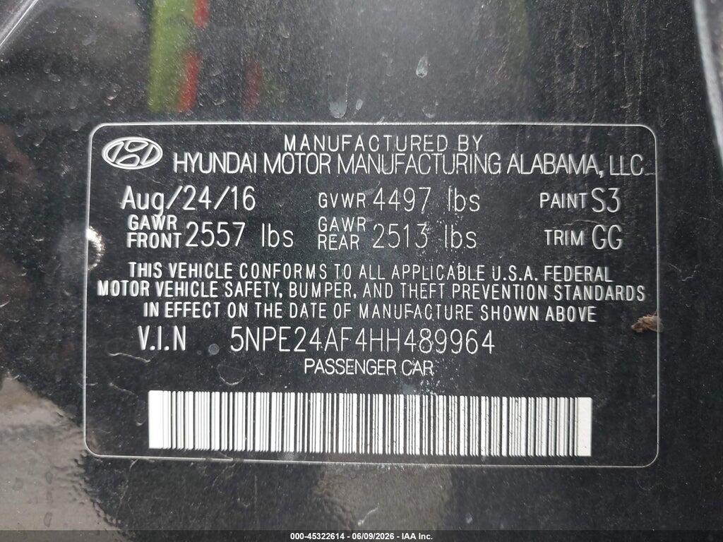5NPE24AF4HH489964 2017 HYUNDAI SONATA photo no. 9