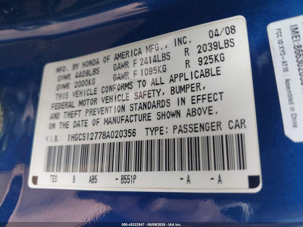 1HGCS12778A020356 2008 HONDA ACCORD photo no. 9