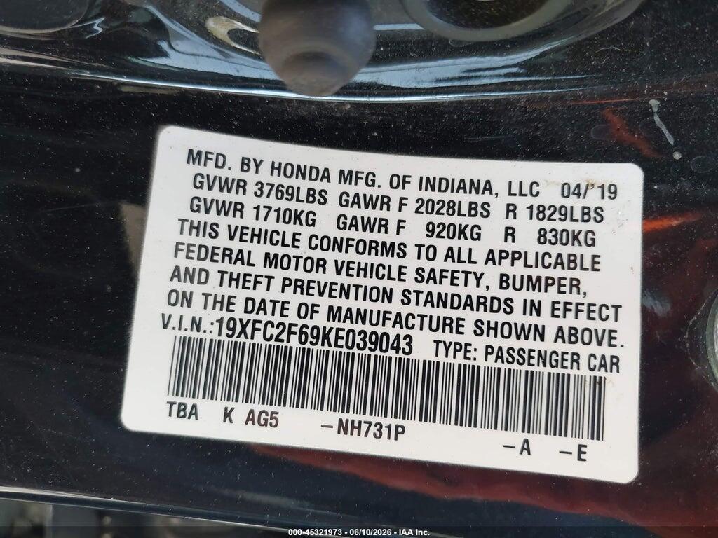 19XFC2F69KE039043 2019 HONDA CIVIC photo no. 9