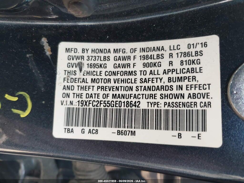 19XFC2F55GE018642 2016 HONDA CIVIC photo no. 9