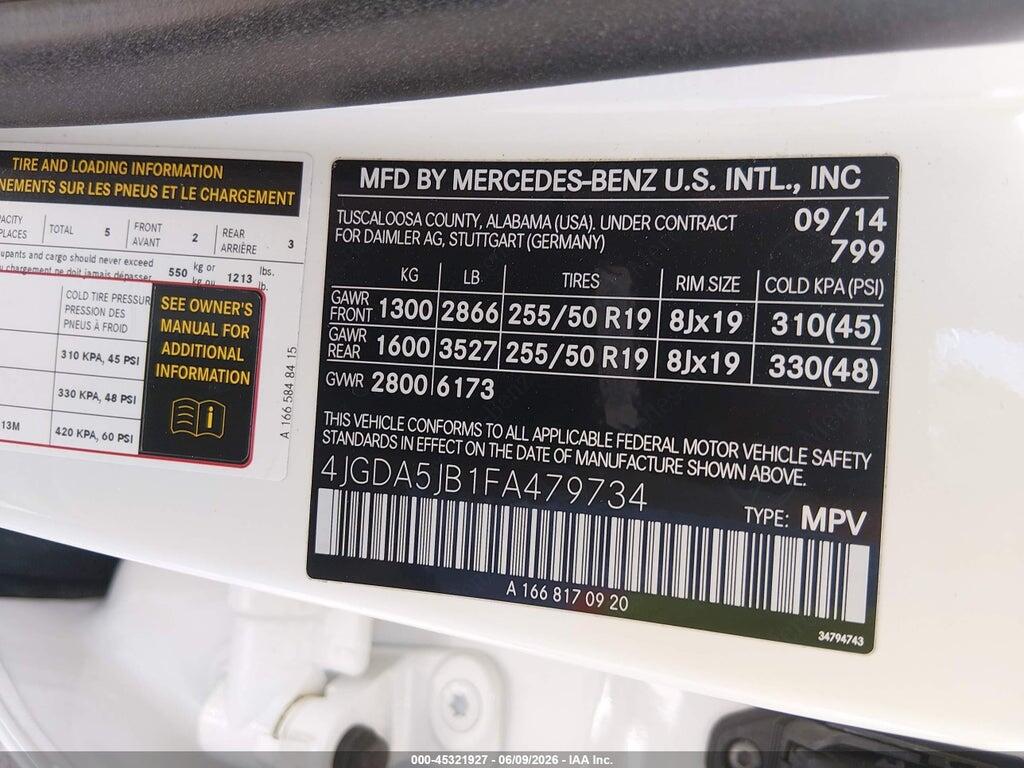 4JGDA5JB1FA479734 2015 MERCEDES-BENZ ML 350 photo no. 9
