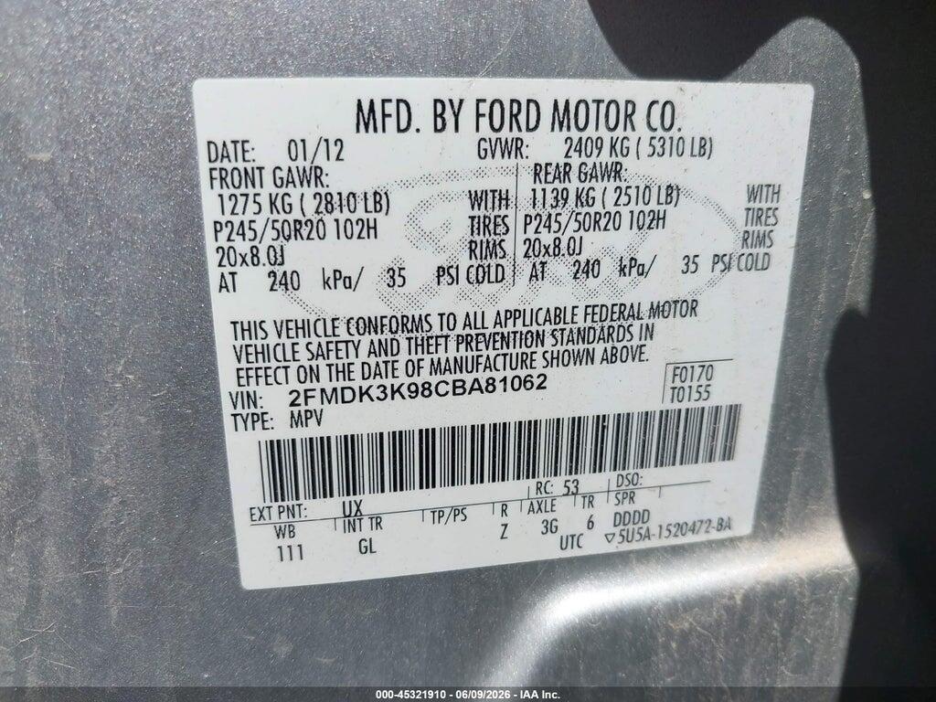 2FMDK3K98CBA81062 2012 FORD EDGE photo no. 9